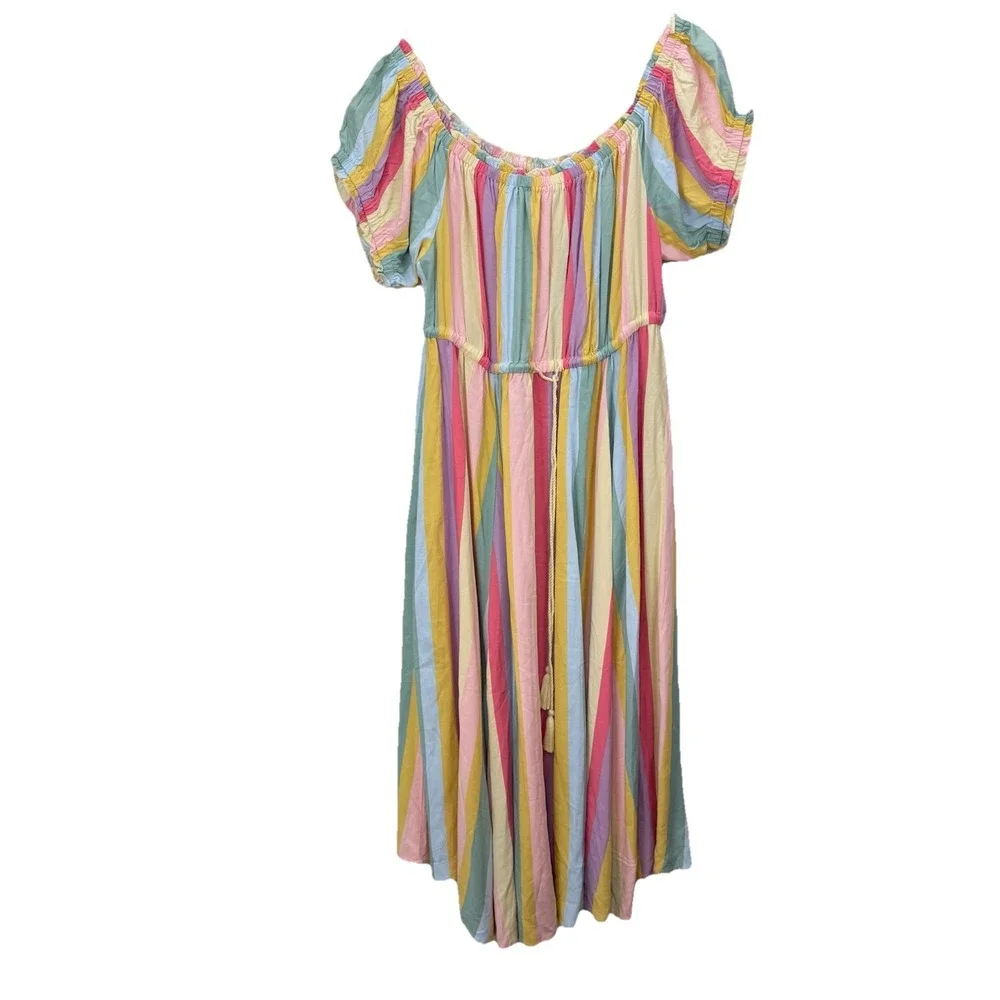 Torrid Pastel Stripes M Challis Off‎ Shoulder Midi Dress Size 2X Pockets Tassels